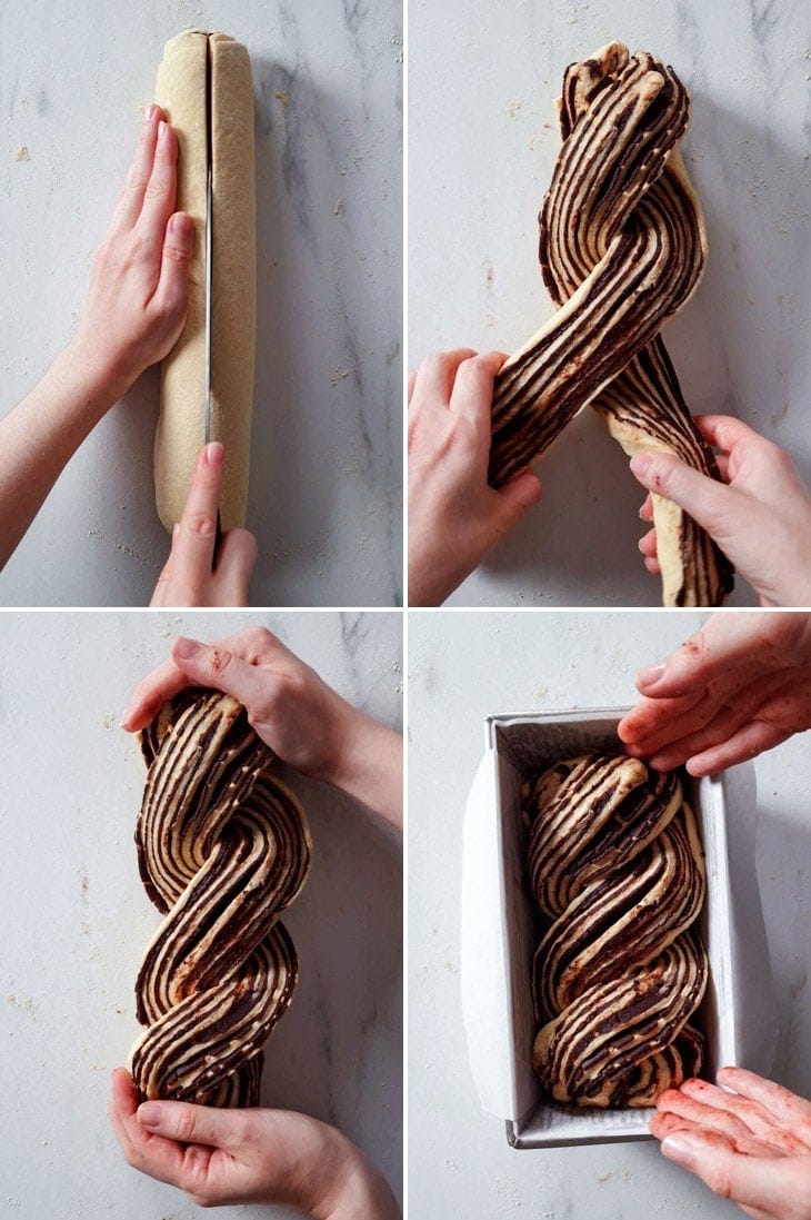 The process of braiding the gluten free chocolate babka.