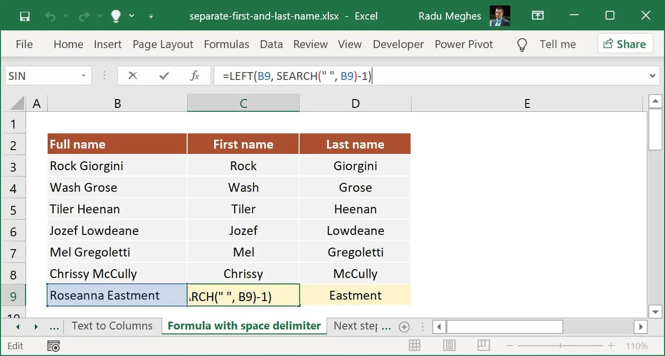 Formula to separate first name in Excel