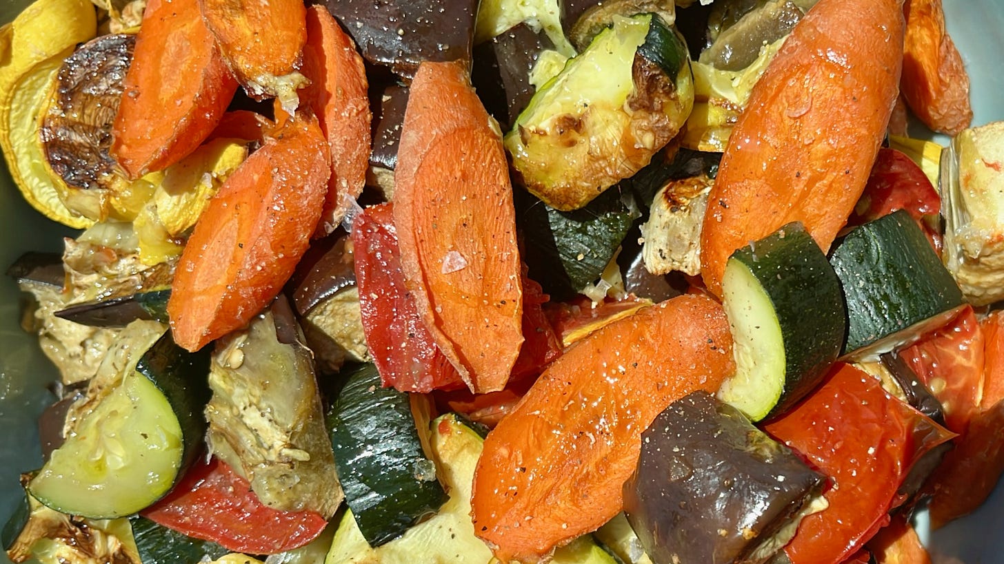 Roasted carrots, zucchini, eggplant, and tomato