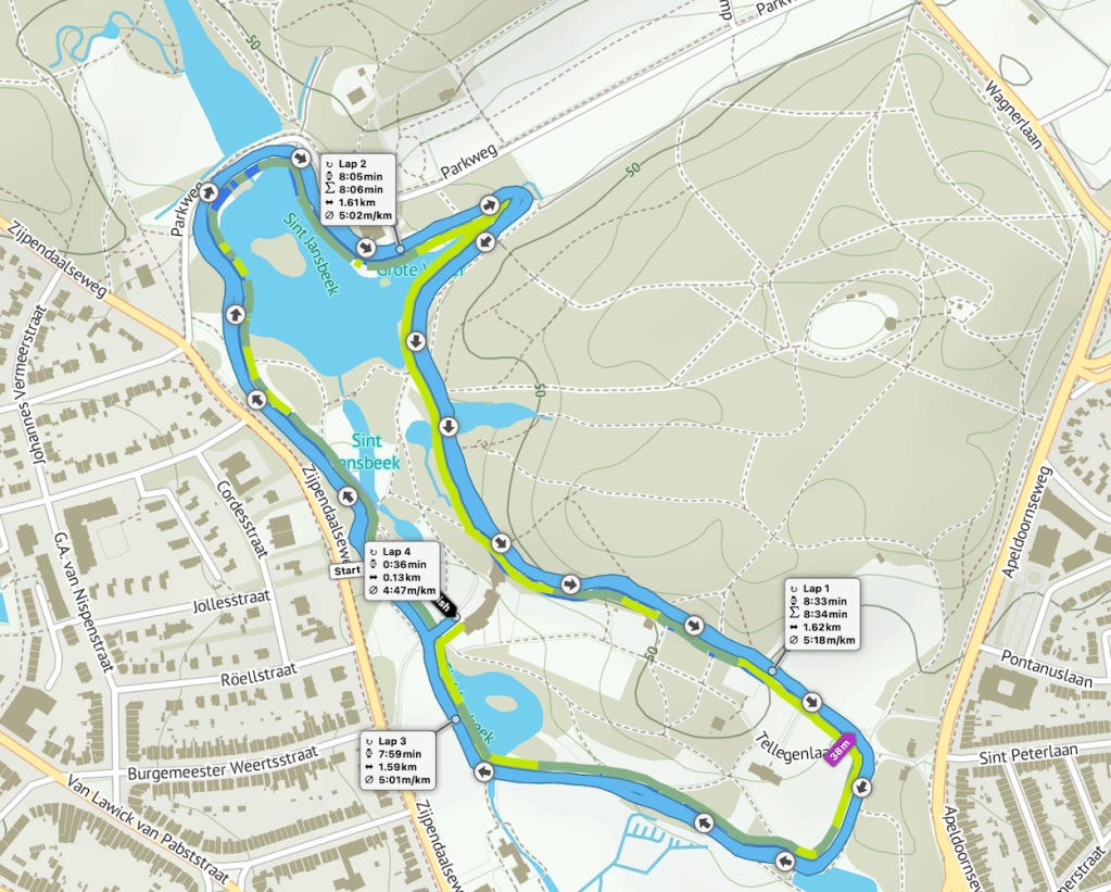 Map of the route for Sonsbeek parkrun; two loops going clockwise, starting at the pavilion.