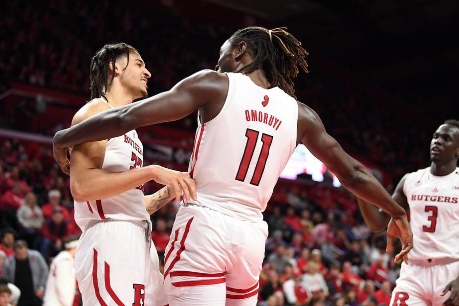 Caleb McConnell (left) and Cliff Omoruyi celebrate a play during Rutgers’ win over Central Connecticut on Nov. 26, 2022. (Photo courtesy of Rutgers Athletics)