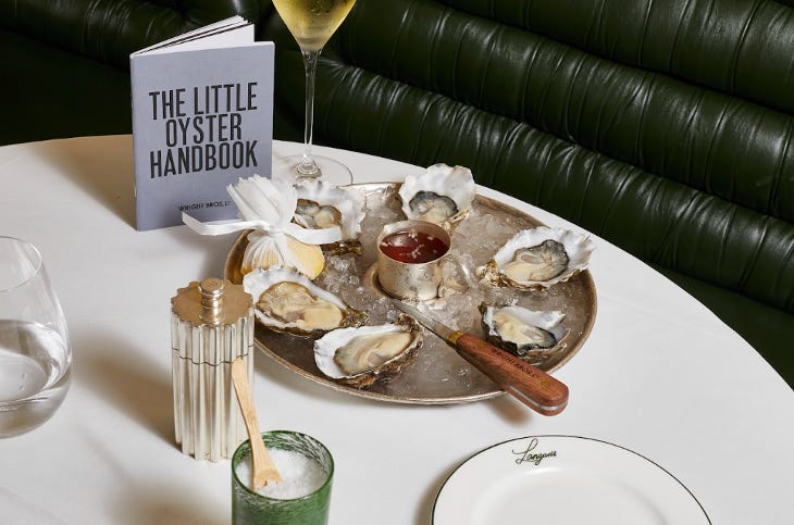 A plate of oysters on a restaurant table