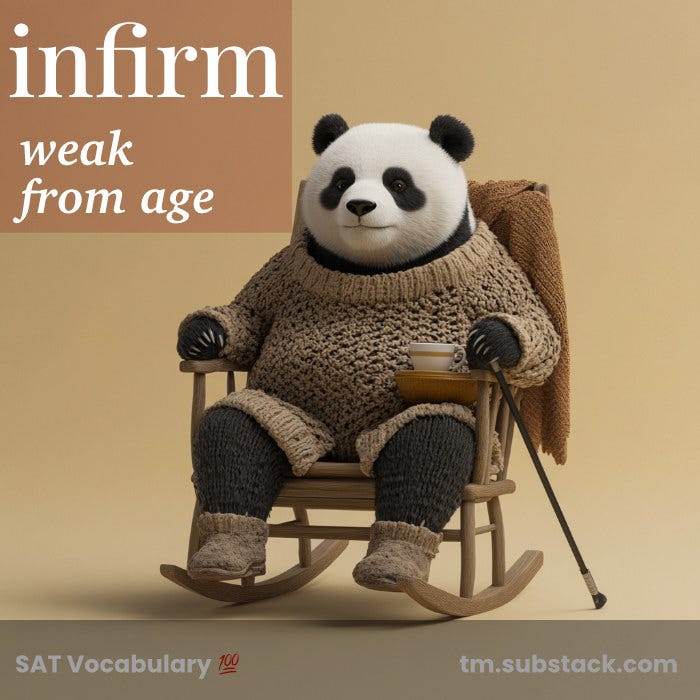 Illustration of an elderly panda bear with a walking cane; used to illustrate the SAT word 'infirm'.