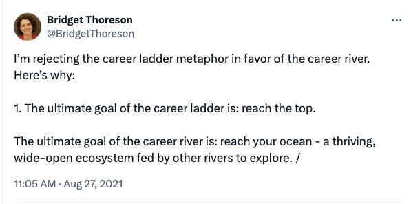 A screenshot of a post on X from August 27, 2021 says: "I’m rejecting the career ladder metaphor in favor of the career river. Here’s why:   1. The ultimate goal of the career ladder is: reach the top.   The ultimate goal of the career river is: reach your ocean - a thriving, wide-open ecosystem fed by other rivers to explore."