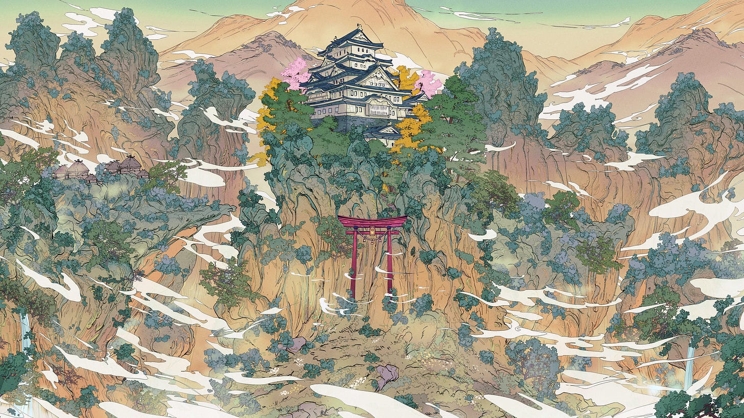 General 2560x1440 Christian Benavides landscape castle mountains nature torii digital art