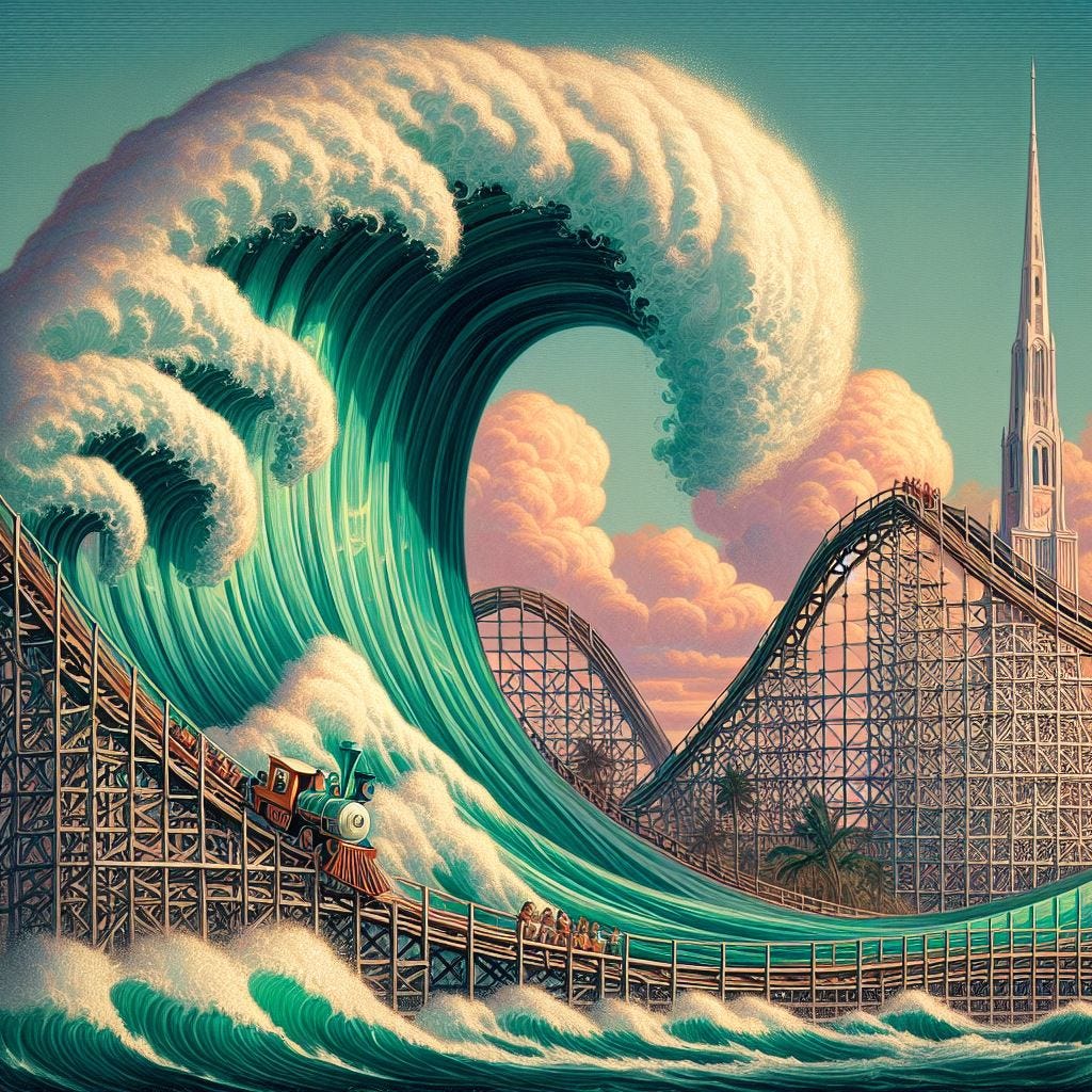 A roller coaster with a Tulane Green Wave theme, in the style of Winslow Homer