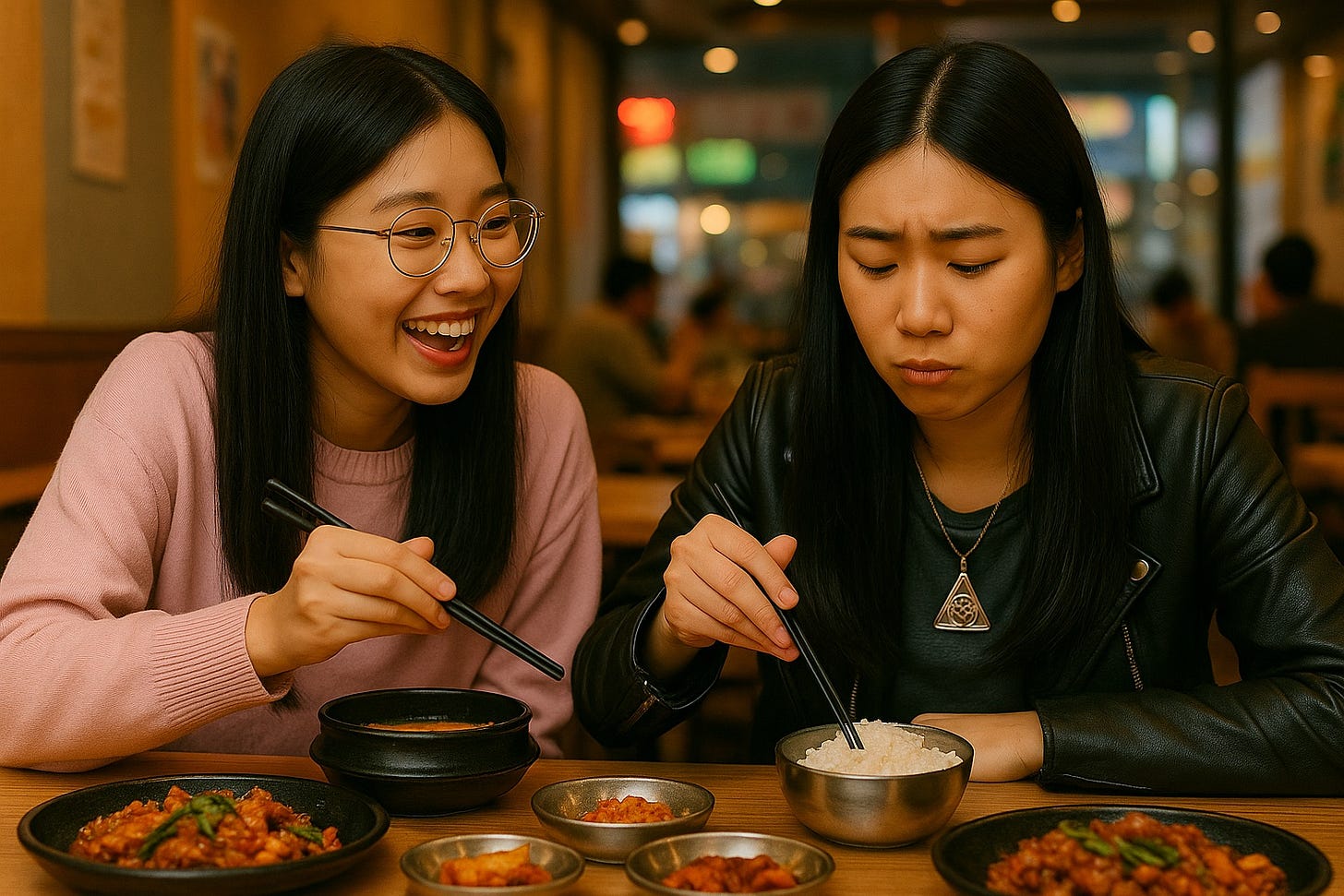 Two young women sit at a restaurant table eating Korean food. The woman on the left, wearing glasses and a pink sweater, is laughing while holding chopsticks over a bowl. The woman on the right, dressed in a black leather jacket and wearing a triangular pendant necklace, looks down at her bowl of rice with a serious or dissatisfied expression. Several small dishes of side items and entrees are on the table in front of them. The mood is warm and casual, suggesting a moment of contrast between friends sharing a meal.