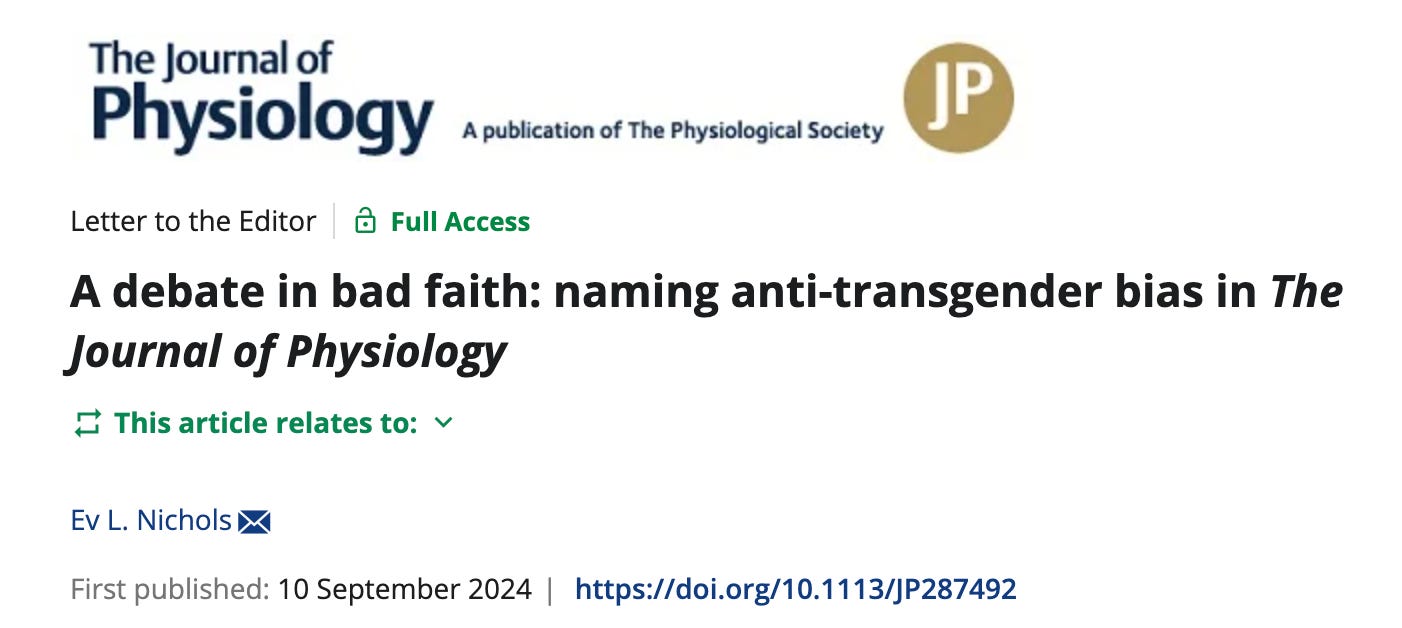 Screen grab of the title of my new piece in the Journal of Physiology. It's title is "A debate in bad faith: naming anti-trans bias in the Journal of Physiology."