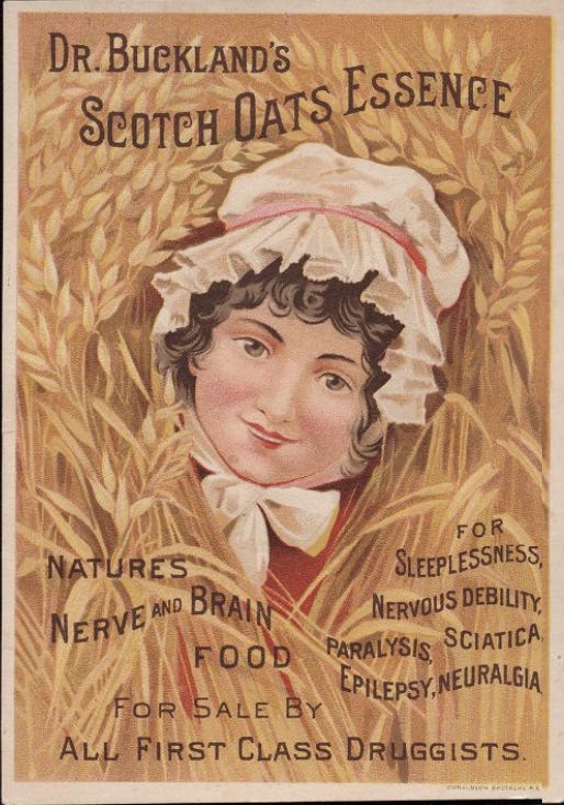 A 19th-century trade card showing the face of a young woman in a white mob-cap peering out between sheaves of oats.