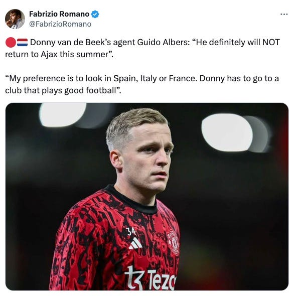 A Fabrizio Romano tweet about Donny van de Beek