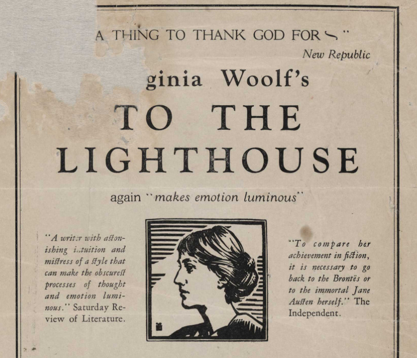 Boxed advertisement stating that To the Lighthouse 'again "makes emotion luminous"', with critical quotes framing a woodcut image of Woolf in profile