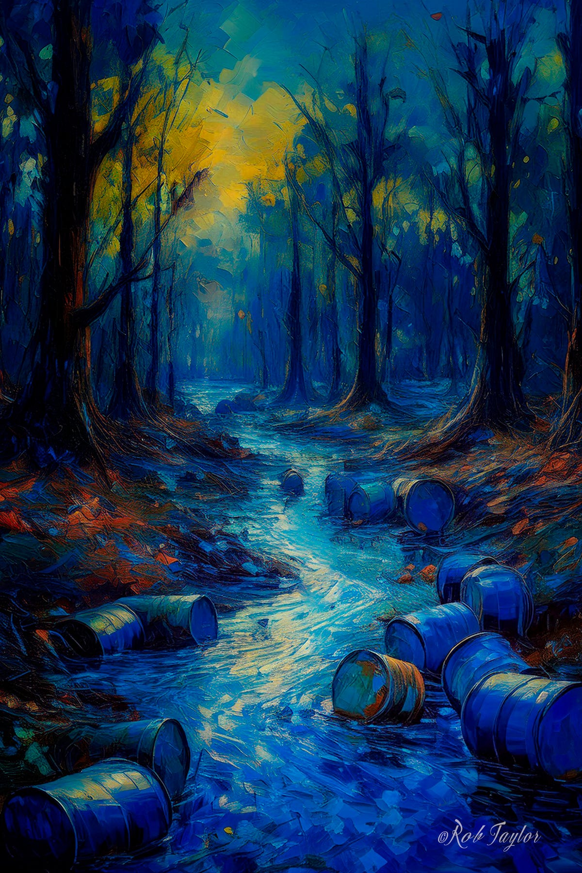 Digital illustration of a polluted forest stream under a golden, hazy sky. Rusted blue barrels are scattered along the water’s edge, symbolizing environmental contamination and human impact. The eerie, surreal landscape contrasts vibrant blues and yellows with dark, twisted trees, evoking a haunting reflection on ecological destruction and the consequences of unconscious actions.