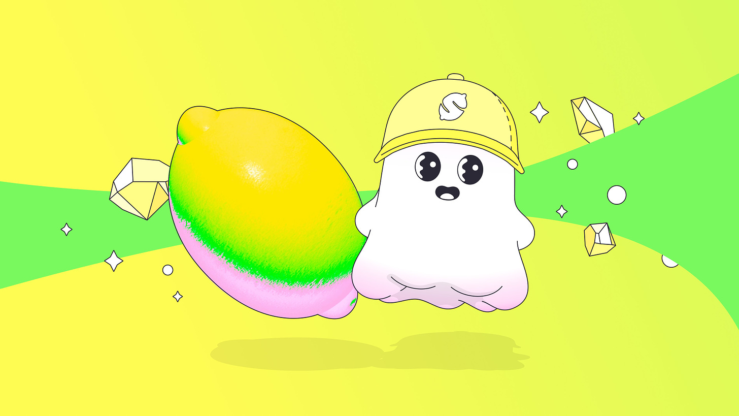 A lemon and an Aave ghost wearing a lemon hat celebrating the new integration 🍋