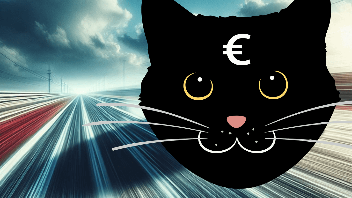 Image of giant cat face with a Euro currency sign on top of road