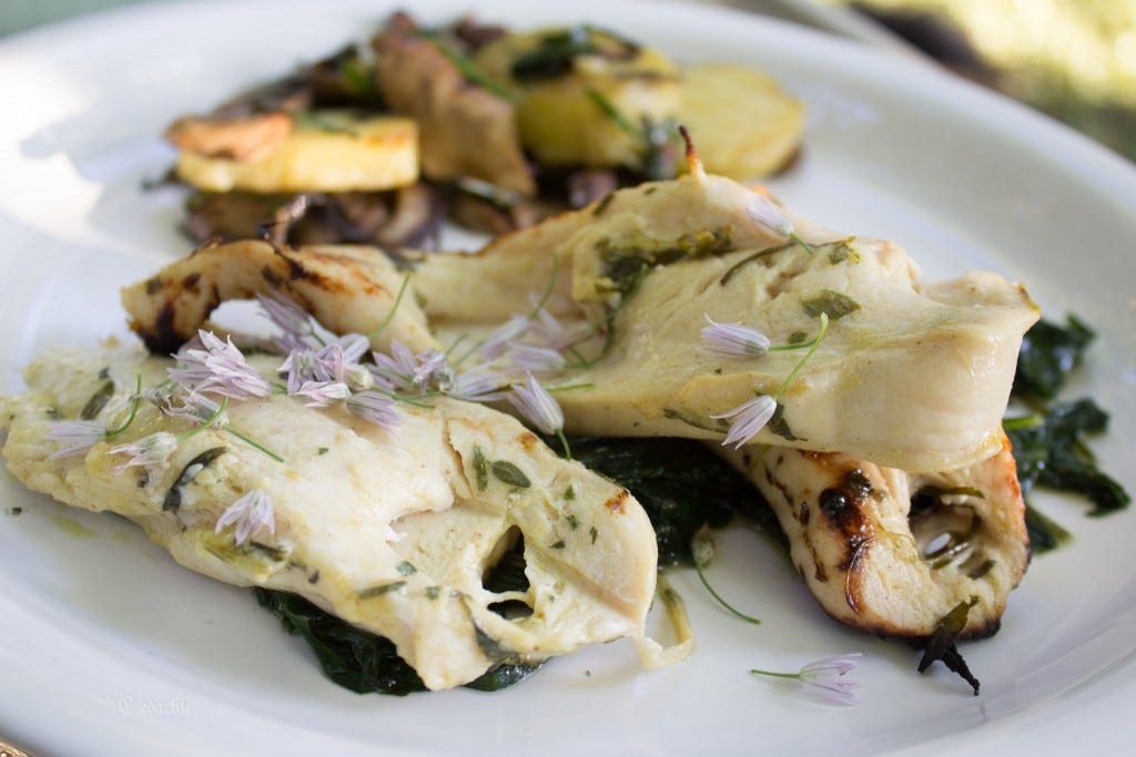 Chicken, chicory, and mushrooms