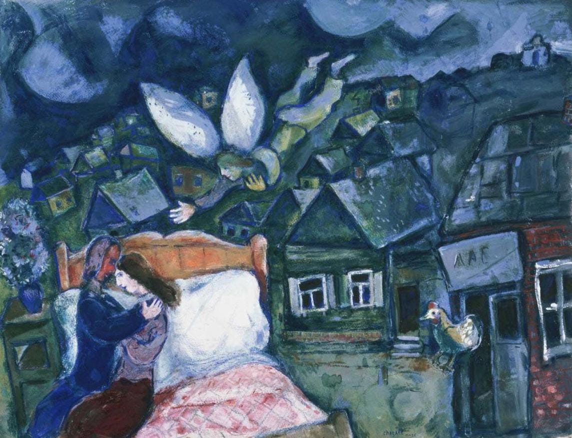 Watercolor painting depicting two figures beside a bed, with an angel floating above and a rural village landscape behind the figures