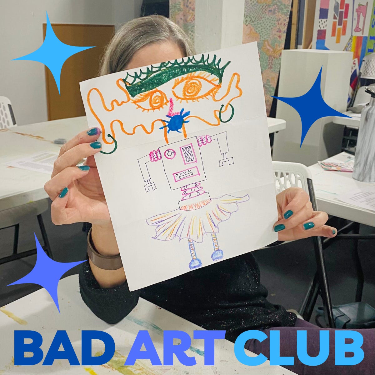 Class participant holding an example of the Exquisite Creature activity in front of her face. Blue and purple sparkles are around her and blue and purple text at the bottom reads "Bad Art Club"