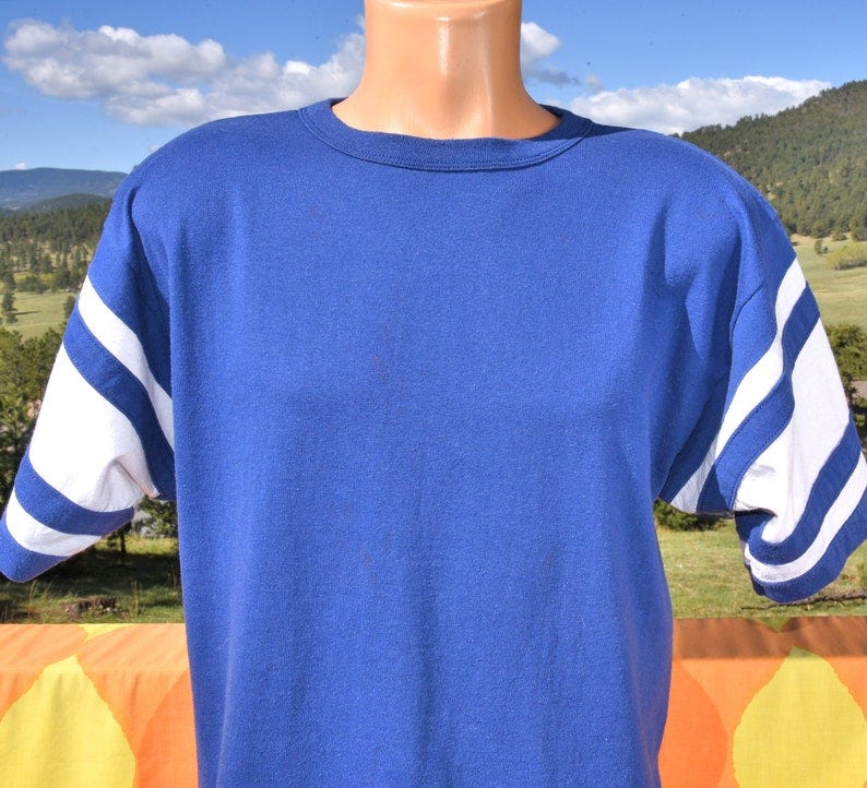 vintage 80s t-shirt CHAMPION stripe football jersey tee Large XL blue blank image 1