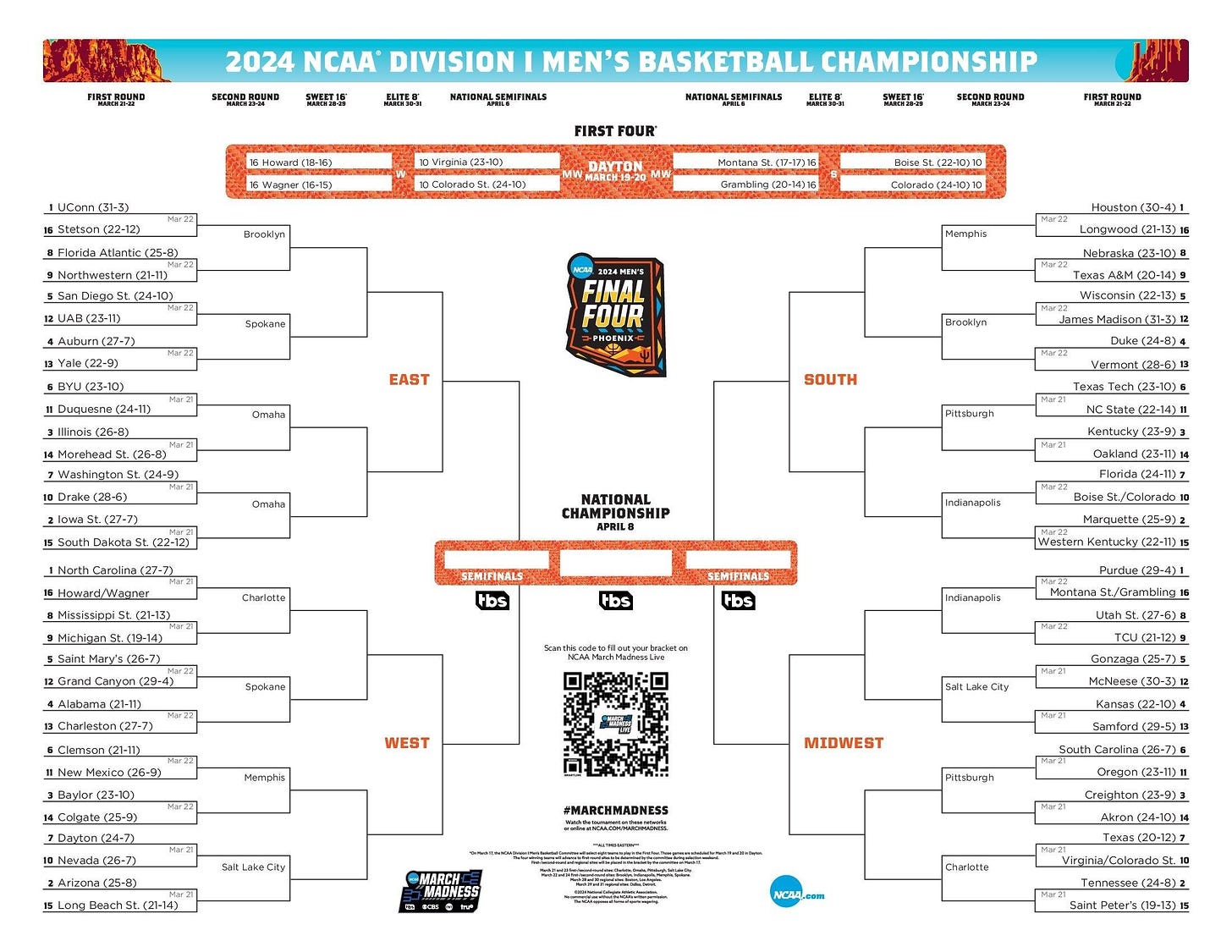 Here is the 2024 NCAA tournament bracket for March Madness