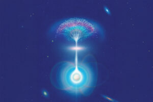 An artist's illustration of a neutron star emitting a radio beam from within its magnetic environment. As the radio waves travel through dense plasma within the galaxy, they split into multiple paths, causing the observed signal to flicker in brightness. Credits:Credit: Daniel Liévano, edited by MIT News