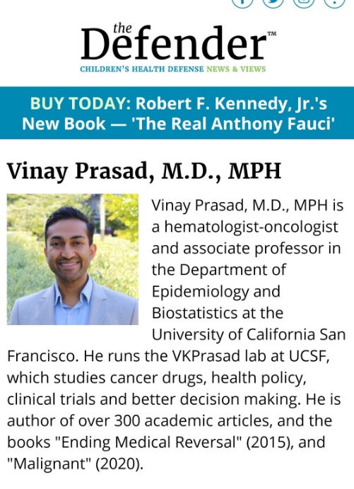 Vinay Prasad's profile for RFK Jr's "Children's Health Defense" anti-vax website