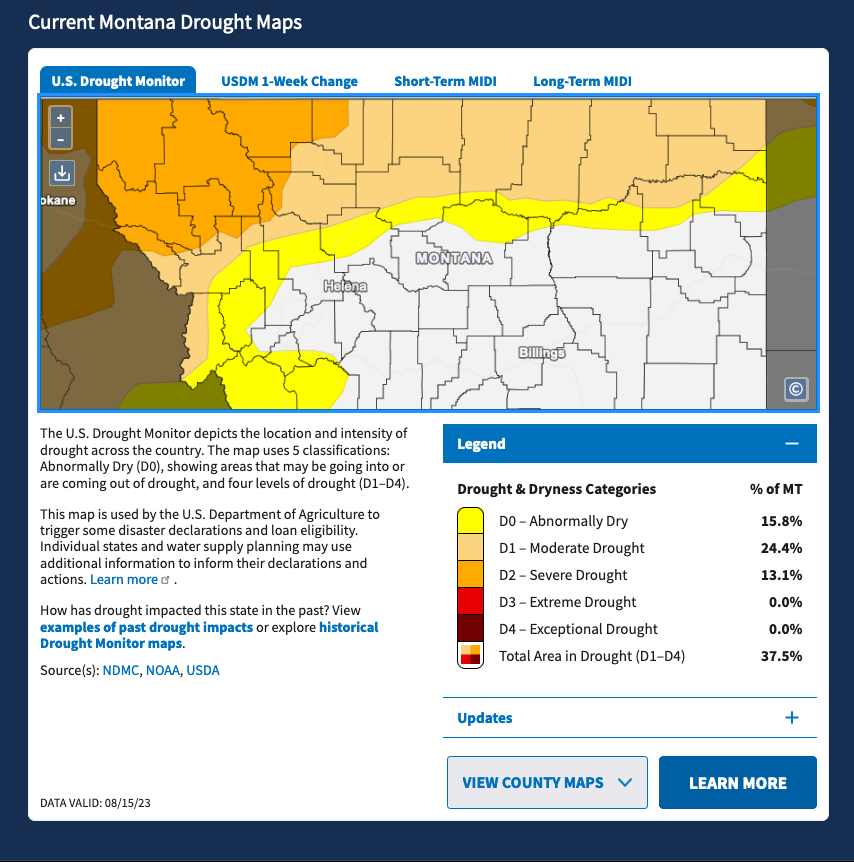 Map showing that 53.3 pecent of Montana is abnormally dry, or under moderate to severe dought.
