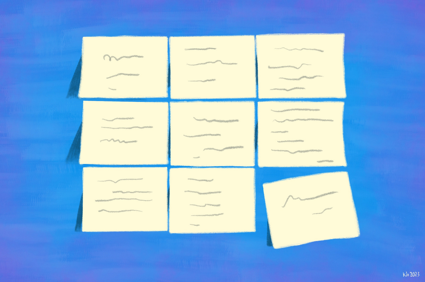 Illustration of nine sticky notes arranged in a 3x3 square on a blue wall. Each note has something illegible scrawled on it.