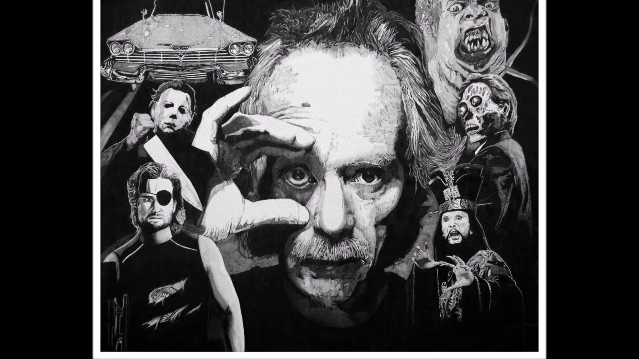 This black-and-white photo shows a collage of six well-known images from different John Carpenter films arrayed around the same photo of Carpenter cupping his right hand in front of his right eye (as seen above). This pencil-sketch rendering shows Carpenter in its center, the car Christine (from 1983's Christine) in the top-left corner, Michael Myers wielding a knife (from 1978's Halloween) in the left-center space, Snake Plissken (played by Kurt Russell in 1981's Escape from New York) in the bottom-left corner, the shapeshifting extraterrestrial creature in the form of Charles Hallahan's character Norris (from 1982's The Thing) in the top-right corner, one of the skeletal people from 1988's They Live in the right-center space, and David Lo Pan (played by James Hong in 1986's Big Trouble in Little China) in the bottom-right corner. This black-and-white photo shows a collage of six well-known images from different John Carpenter films arrayed around the same photo of Carpenter cupping his right hand in front of his right eye (as seen above). This pencil-sketch rendering shows Carpenter in its center, the car Christine (from 1983's Christine) in the top-left corner, Michael Myers wielding a knife (from 1978's Halloween) in the left-center space, Snake Plissken (played by Kurt Russell in 1981's Escape from New York) in the bottom-left corner, the shapeshifting extraterrestrial creature in the form of Charles Hallahan's character Norris (from 1982's The Thing) in the top-right corner, one of the skeletal people from 1988's They Live in the right-center space, and David Lo Pan (played by James Hong in 1986's Big Trouble in Little China) in the bottom-right corner.