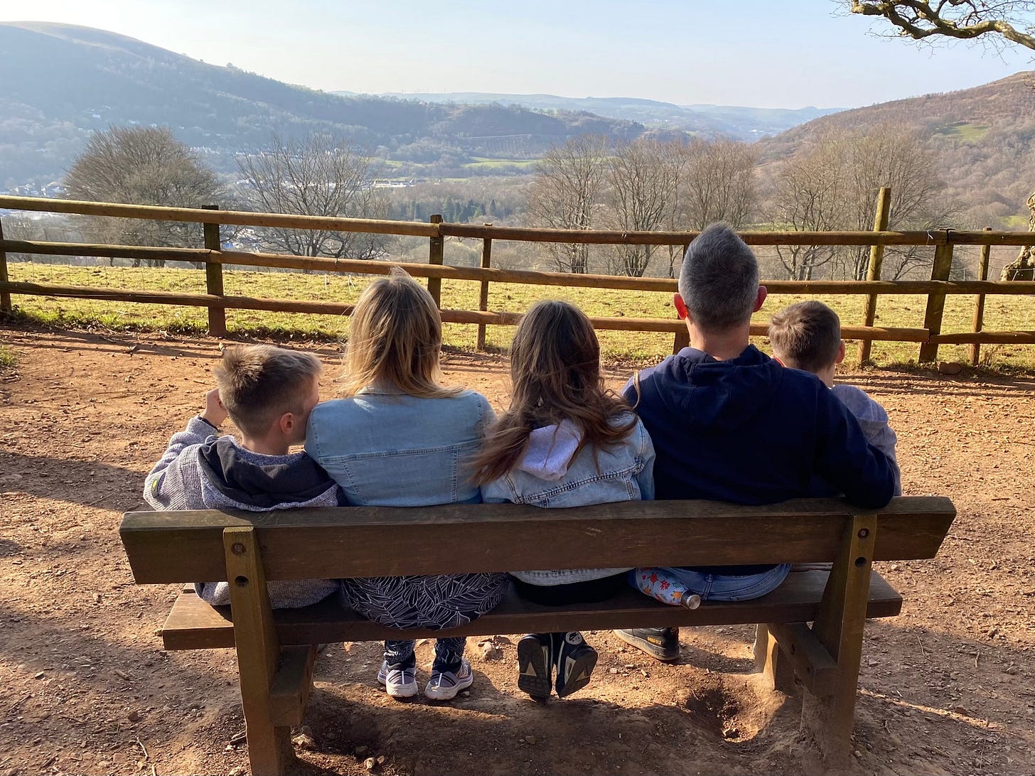 Back view of Cathryn Scott and family in Fforest Fawr in Cardiff