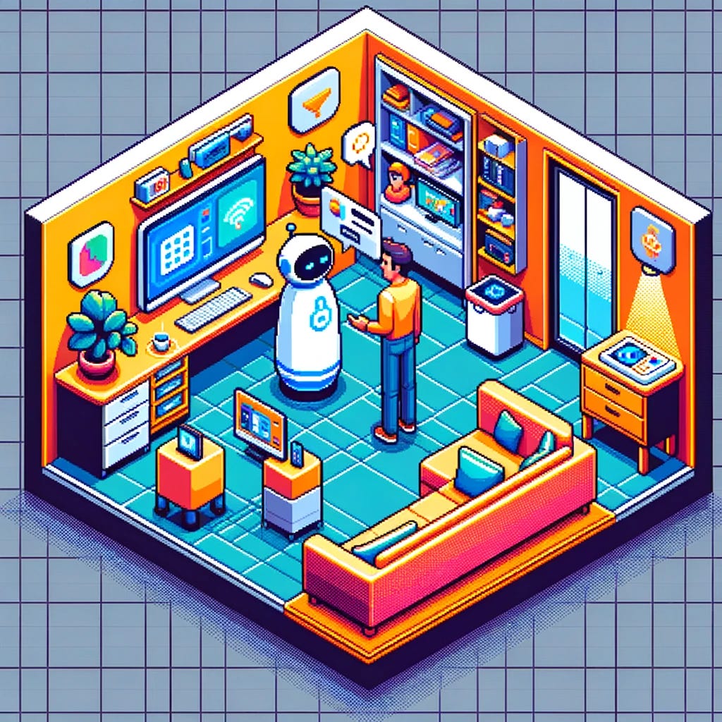 An 8-bit style isometric 3D tile depicting a single man interacting with an AI assistant. The scene should be split into two parts: on one side, show the man in a high-tech office setting with the AI assistant, computers, and other tech equipment; on the other side, show the same man in a cozy home environment with the AI assistant, smart devices, and a comfortable living room setup. Use vibrant 8-bit colors and ensure a clear distinction between the office and home settings.
