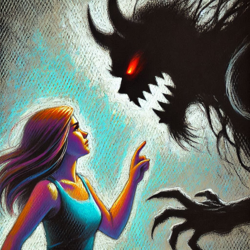 a pastel drawing of someone facing down a shadowy fear demon with bravery