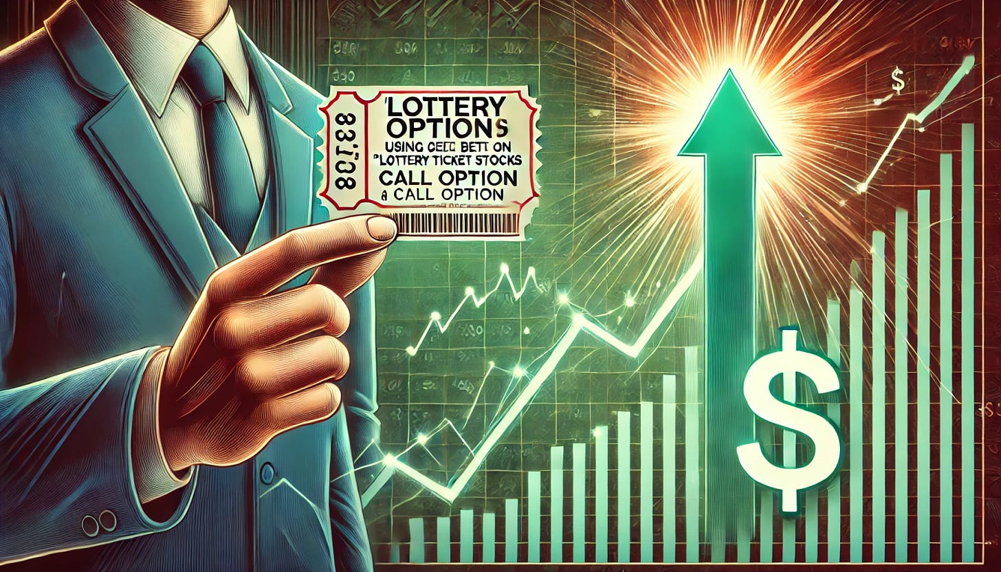 An image that visually represents the concept of using call options to bet on low-priced 'lottery ticket' stocks. The illustration includes a hand holding a lottery ticket symbolizing low-priced stocks, and nearby, a rising arrow represents potential gains from a call option. The background shows a stock chart with volatile, sharp movements to illustrate risk, with a glowing dollar sign at the peak of the arrow. The overall color scheme should have a financial feel, with green for gains and subtle red tones to hint at risk.