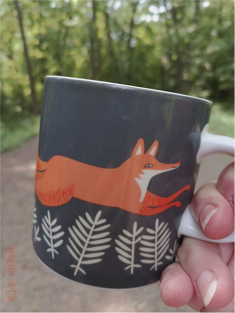 The author's hand holds a grey cup with a fox image on it.