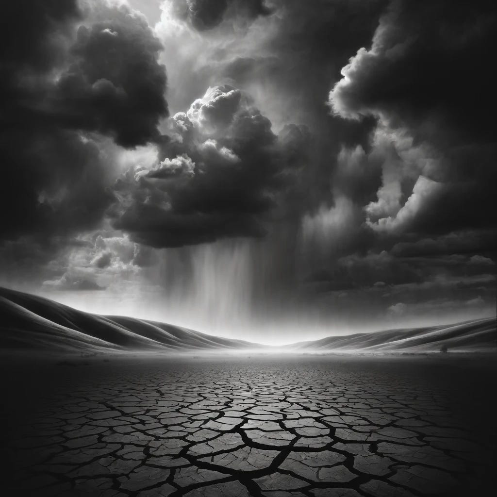 An artistic representation of depression as a landscape. The scene depicts a desolate, barren landscape under a stormy, overcast sky. The ground is cracked and dry, devoid of vegetation, symbolizing the emptiness and lack of energy often felt in depression. Dark clouds loom overhead, casting shadows over the landscape, representing the overwhelming and oppressive feelings associated with depression. The overall tone is somber and monochrome, emphasizing the isolation and sadness of the mood.