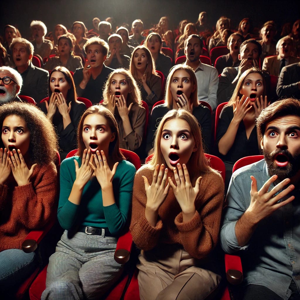 A diverse and shocked audience sitting in a theater, reacting with wide eyes, open mouths, and surprised expressions. The group includes people of various ages and ethnicities, seated in red velvet chairs with a dimly lit background. The mood is dramatic, with subtle spotlighting on the audience's faces to emphasize their emotions.
