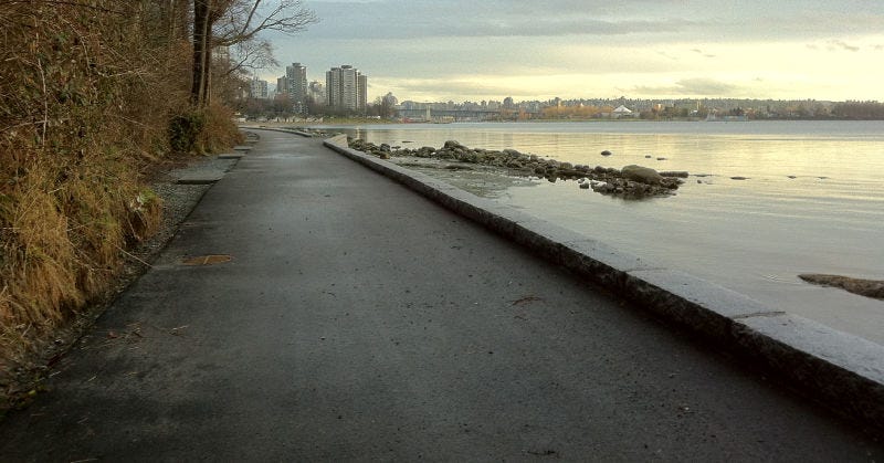 Photograph of a scenic, tranquil path along the Vancouver Seawall, with overcast skies and calm waters. The path is empty, flanked by a low stone barrier on the right and bare trees on the left. In the distance, the outline of city buildings is visible across the water, with a soft glow from the morning or evening light.