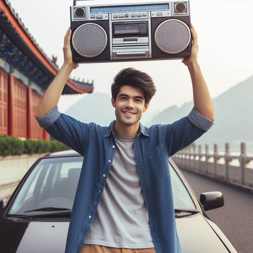 A nice, normal young man with an optimistic expression is standing next to his car, holding a boom box above his head