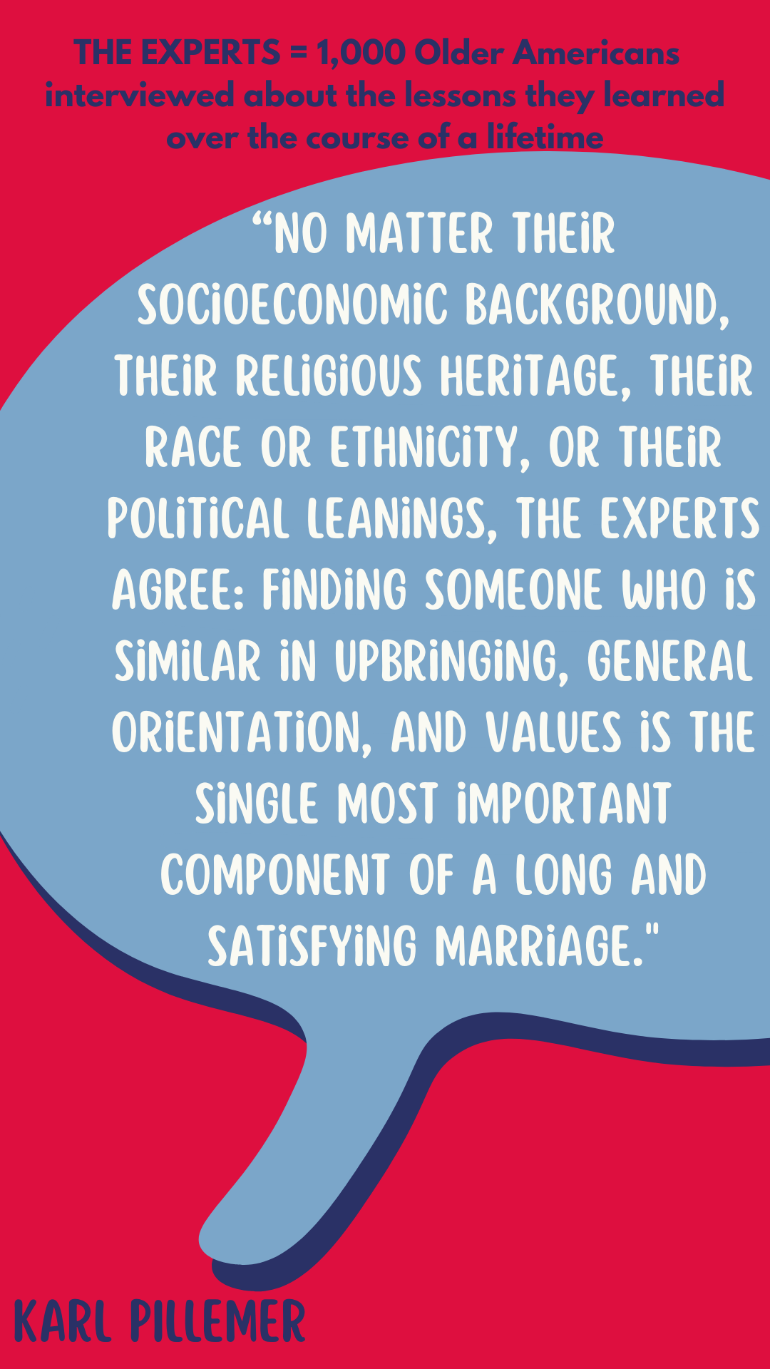 The experts are 1,000 Older Americans interviewed about the lessons they learned over the course of a lifetime. “No matter their socioeconomic background, their religious heritage, their race or ethnicity, or their political leanings, the experts agree: finding someone who is similar in upbringing, general orientation, and values is the single most important component of a long and satisfying marriage,” said Karl Pillemer.