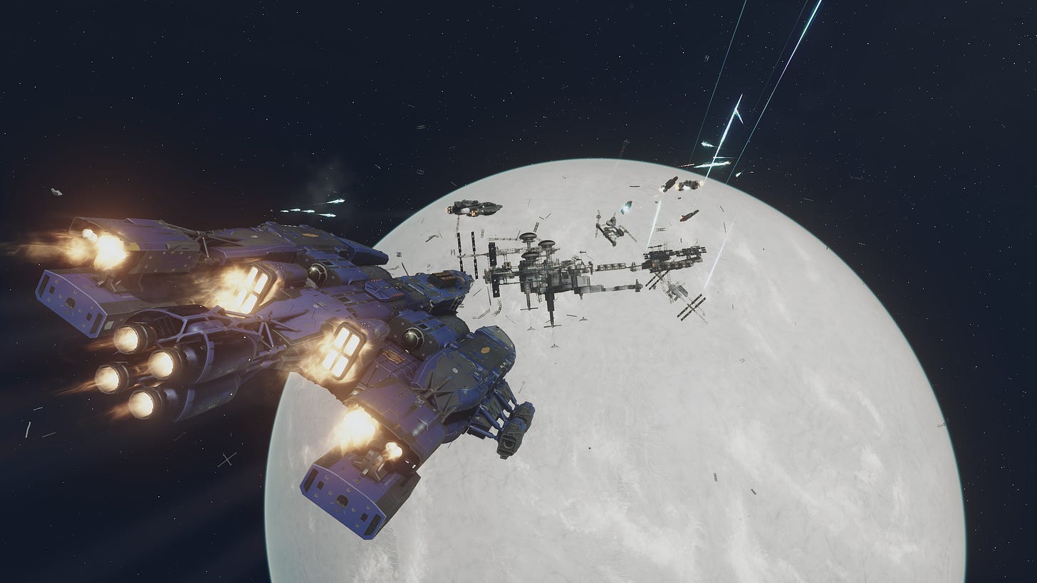 A spaceship in the foreground flies toward a combat encounter, lasers shooting toward the ship. In the distance floats a space station in front of a moon.