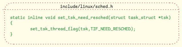 The TIF_NEED_RESCHED flag is set by the kernel in thread_info when it
decides it is time to context switch. The flag is set by calling the
set_tsk_need_resched function defined in
include/linux/sched.h