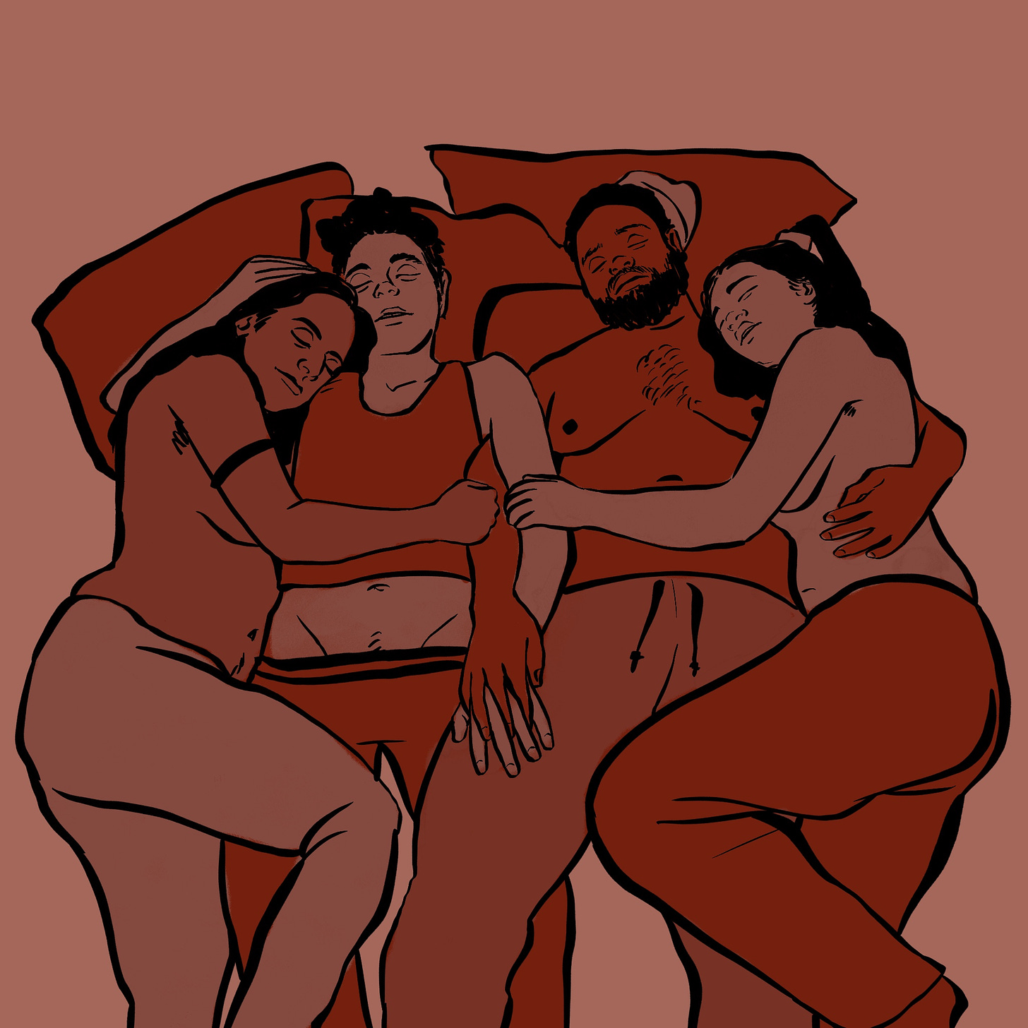 Archie, Jim, Oluwande, and Zheng in a polycule cuddle puddle.