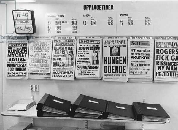 Headlines of The Norrmalmstorg robbery, 1973 (b/w photo)