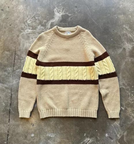 Vintage 1970s Sweater Beige Striped 70s Men’s M/L - Picture 1 of 4