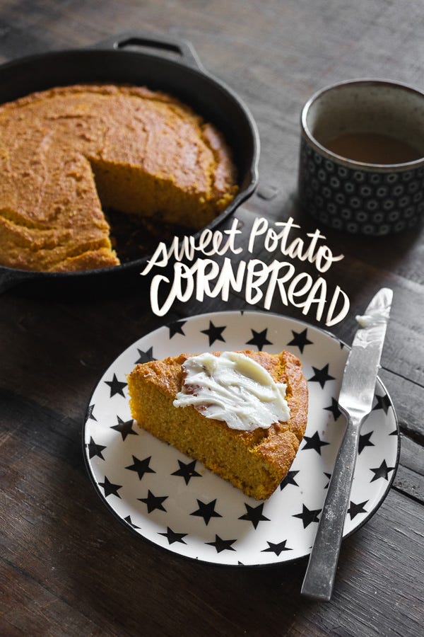 Sweet Potato Cornbread is slightly sweet and perfect paired with honey butter. Find the recipe on Shutterbean.com