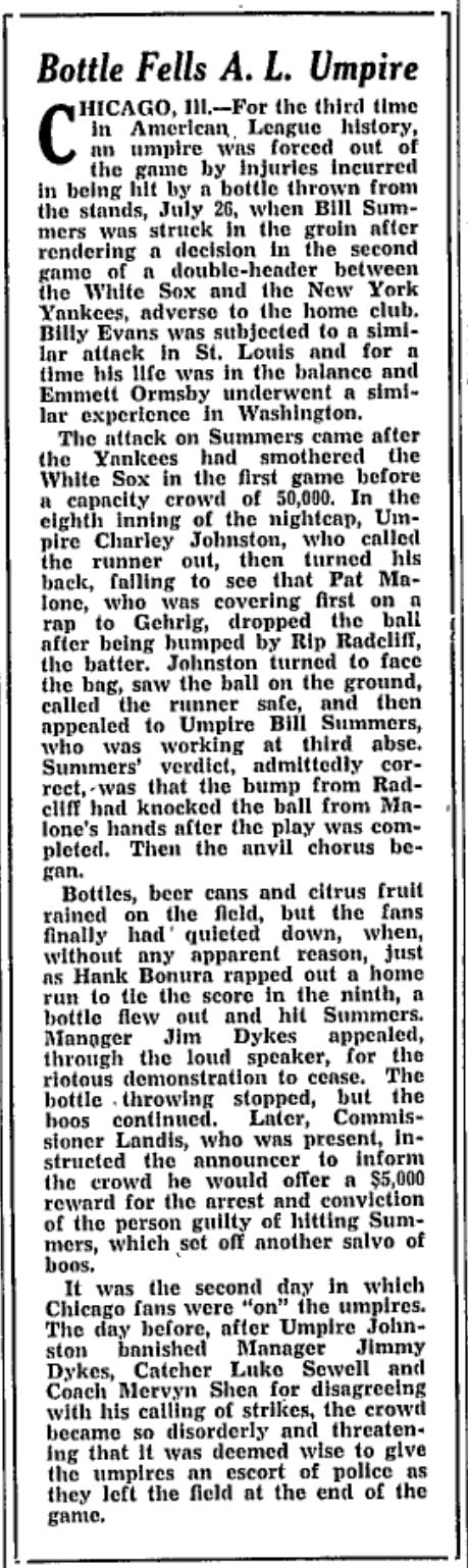 Bill Summers Hit By Bottle 1936