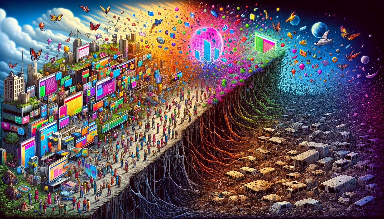 Visualize the concept of platform decay as theorized by Cory Doctorow in a wide, horizontal format. Imagine a once vibrant and bustling digital platform, now abandoned and crumbling. In one part of the image, show the peak of its activity - a colorful, bustling digital landscape with avatars interacting, vibrant forums, and bustling chatrooms, symbols of connectivity and engagement. Transitioning towards the other end, depict the decline - empty chat windows, broken links, and fading images, symbolizing disuse and neglect. The contrast between the two halves should starkly represent the transition from vibrancy to decay, encapsulating the essence of Doctorow's theory on how digital platforms can deteriorate over time.