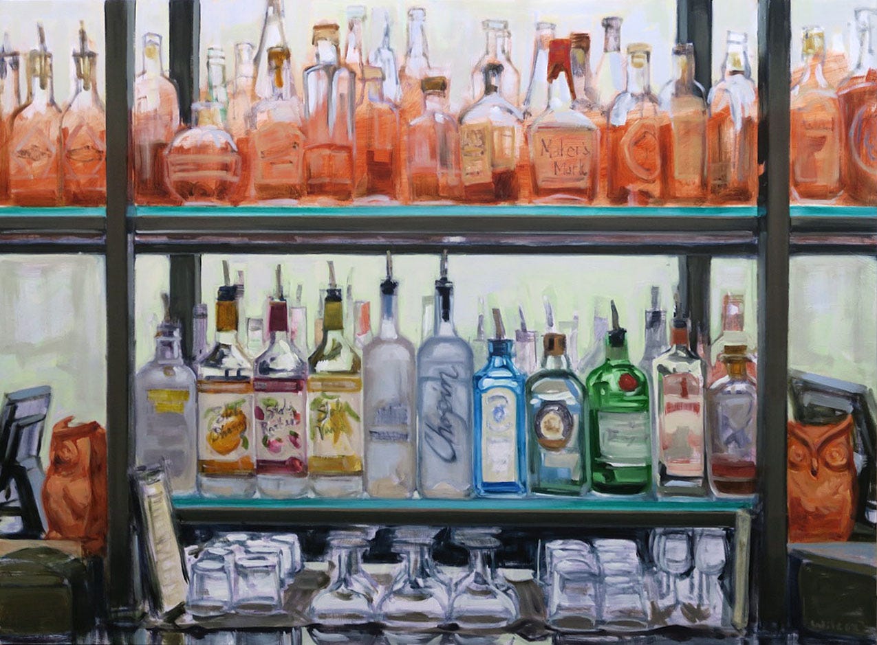 A shelf full of bottles and glasses

Description automatically generated