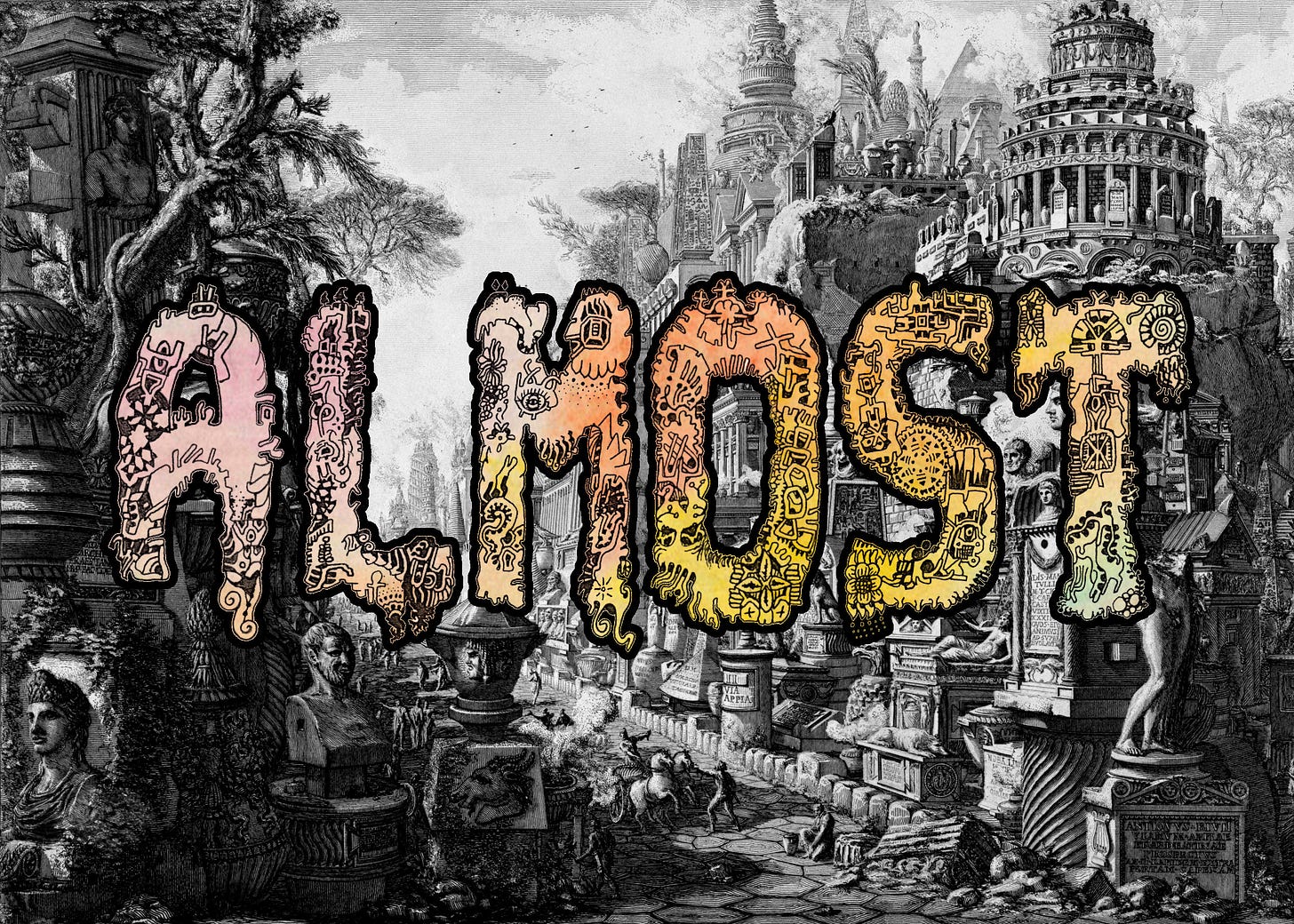 A drawing by Piranesi of a fantastical crossroads stuffed with monumental works of art and architecture, overload by colorful psychedelic letters that say "ALMOST"