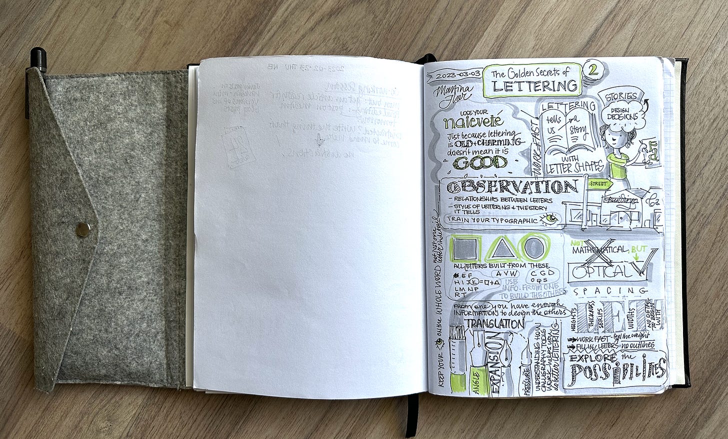 Photo of an open Paper Saver notebook, with a grey pencil case on the far left (attached), a blank white page on the left, and a page filled with notes on the right. The notes are all about how to recognise good lettering, and are written with a fine black pen with grey shadows and green highlights.