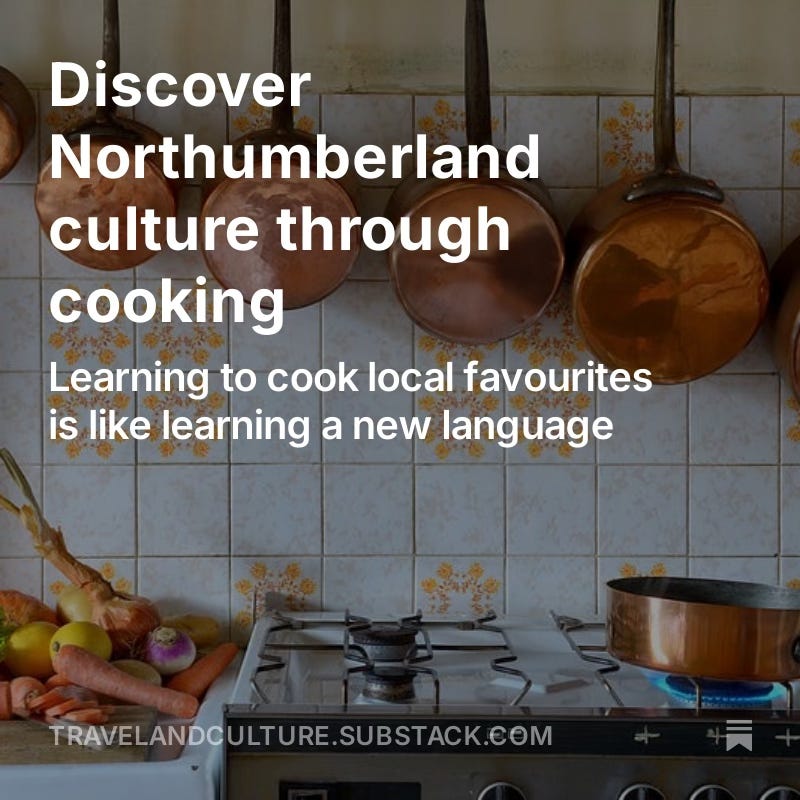 Discover Northumberland: copper pans hanging above a modern kitchen stove with veggies on the counter